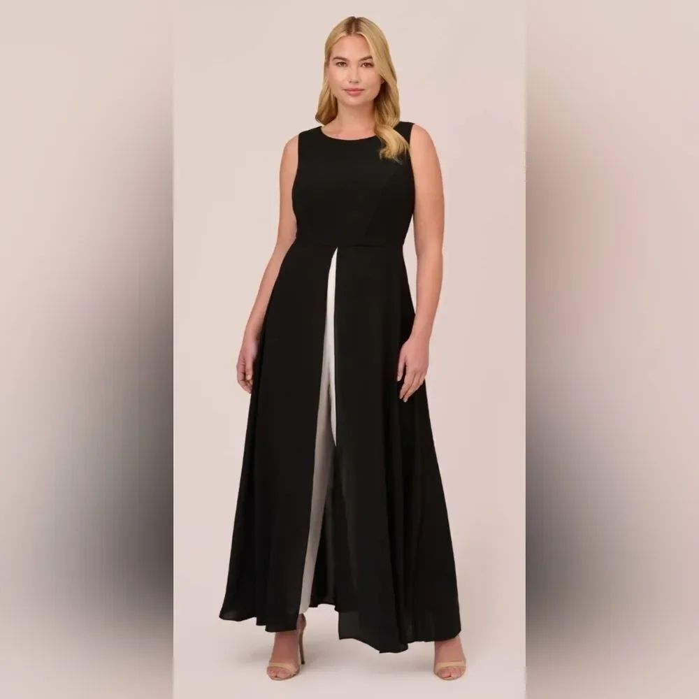 ADRIANNA PAPELL Colorblock Jumpsuit W/ Skirt Overlay In Black Ivory NWT Size 4